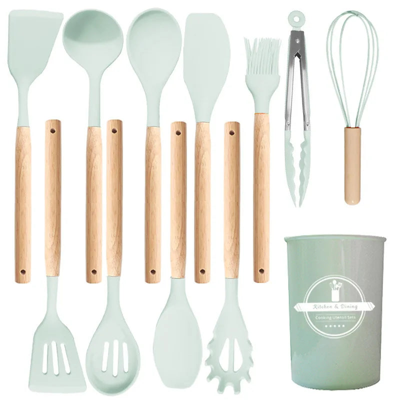 12Pcs/5pcs Silicone Kitchenware Non-Stick Cookware Kitchen Utensils Set Spatula Shovel Egg Beater Wooden Handle Cooking Tool Set Zpaxo Mint green 12Pcs