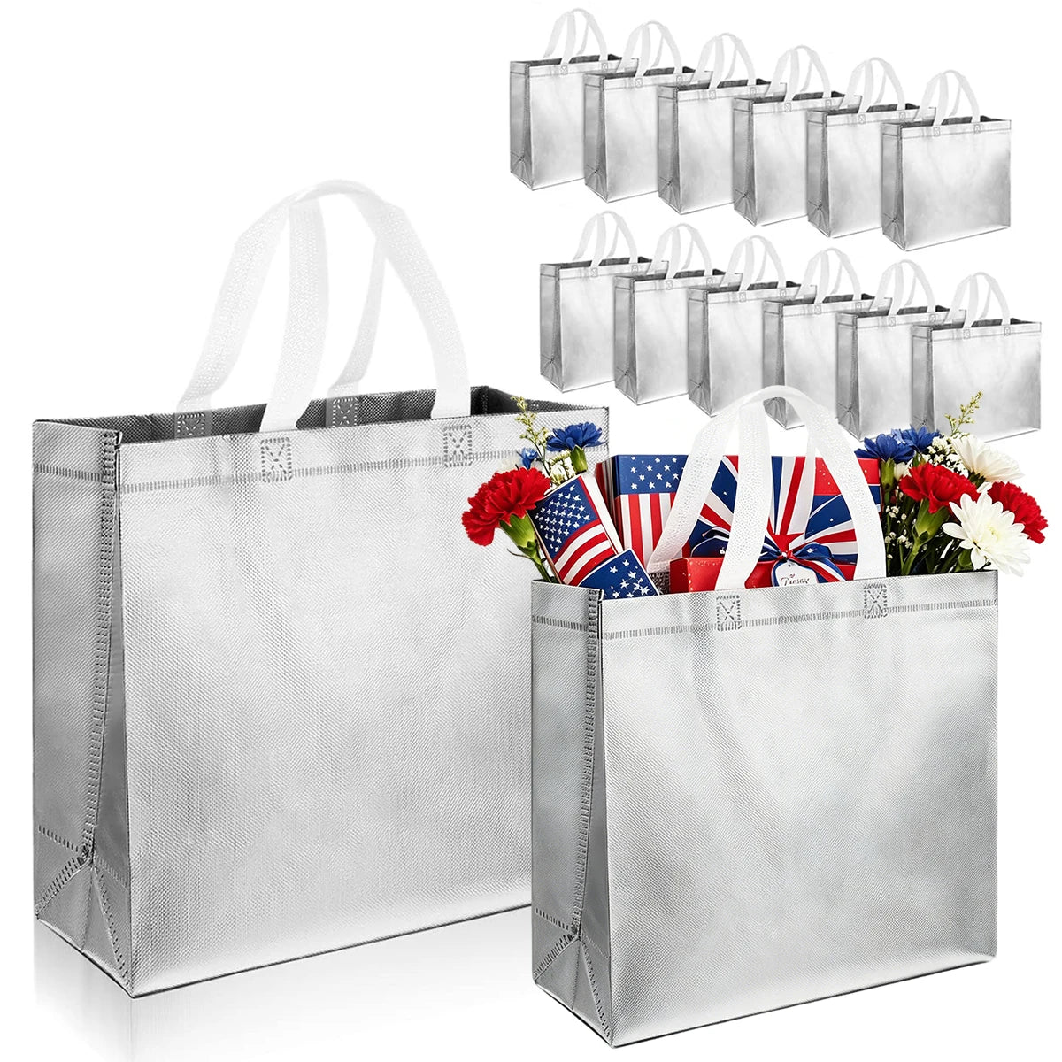 Silver Reusable Gift Bags with Handles – 4/6/8-Pack