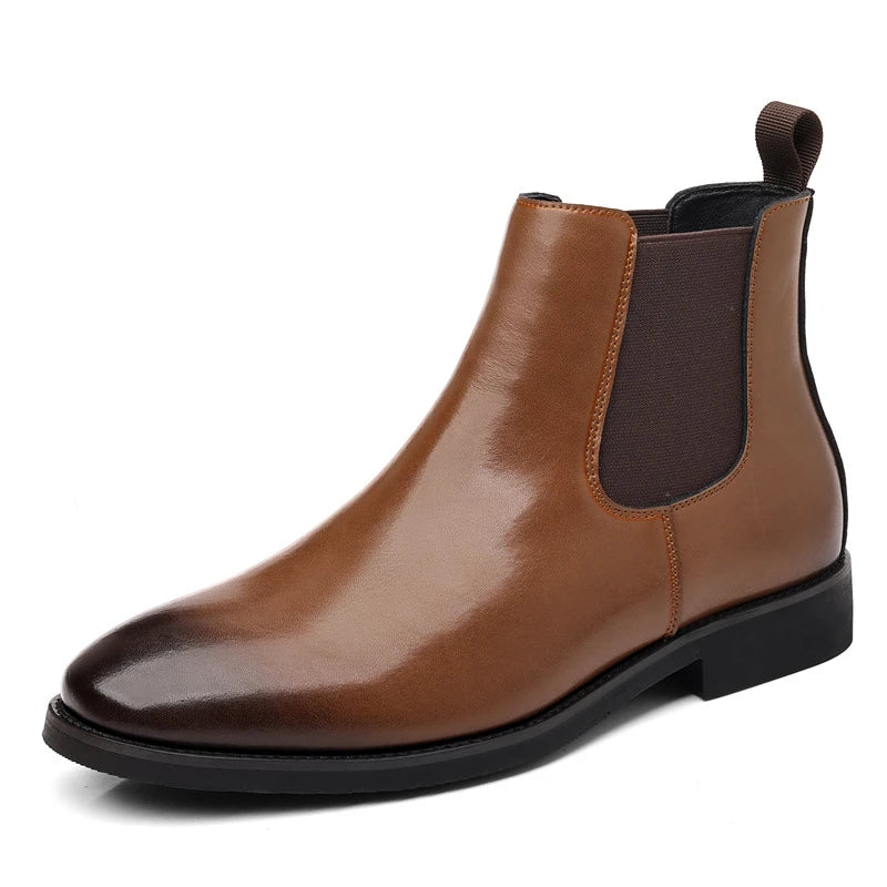 Mens Brown Chelsea Boots Leather Elastic Band Slip Ankle British Zpaxo