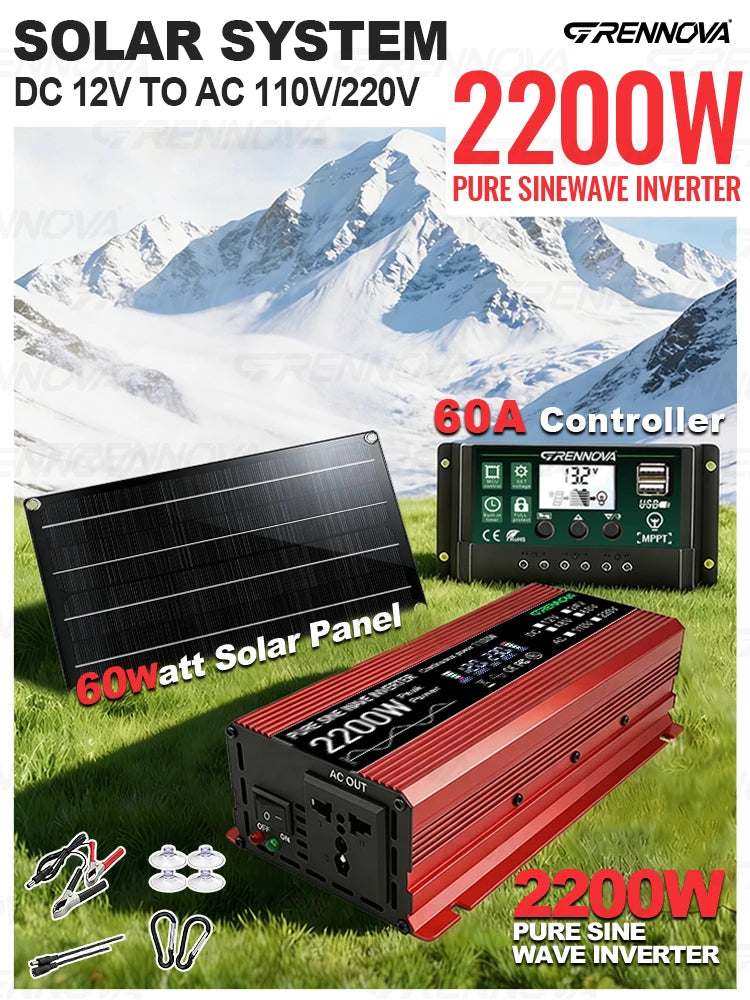 2200W Complete Kit 60W Solar Panel Pure Sine 12V To 110V/220V Inverter 60A MPPT Controller For Audio/Hi-Fi amplifiers/Medical Zpaxo