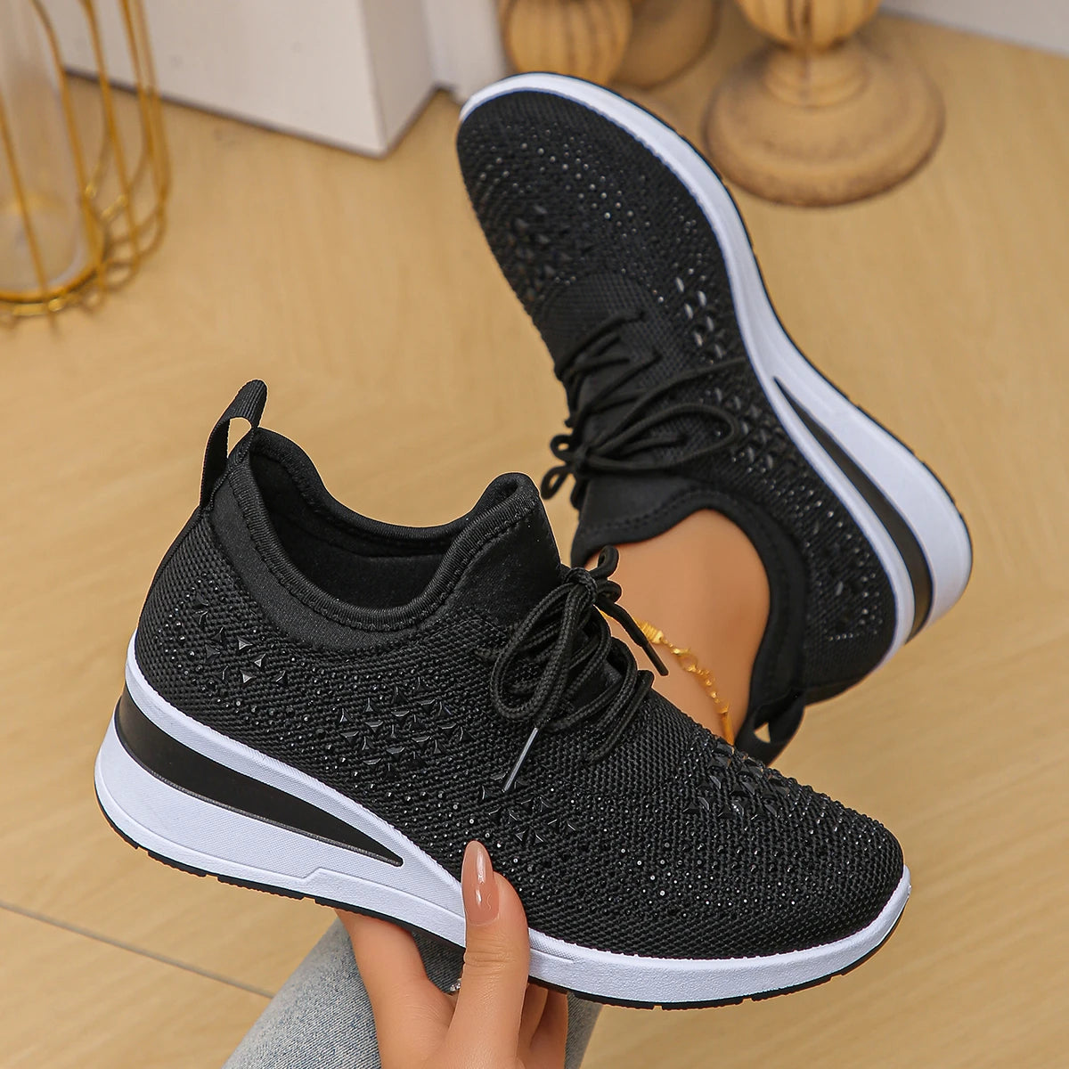 Women's Shiny Rhinestone Wedge Sneakers Breathable Knit Non Slip Zpaxo 40 image color 7