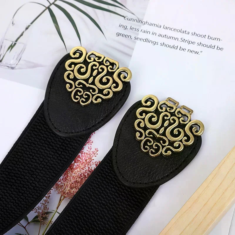 Korean Fashion Ladies Decorated Elastic Wide Belt Buckle Dress Zpaxo