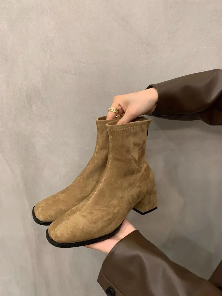 Autumn Winter Fleeces Women Sock Ankle Boots Fashion Square Heel