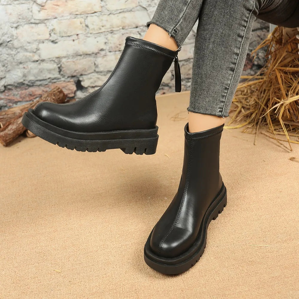Womens Boots Spring Autumn Round Head Thick Sole Elastic Boot Pine