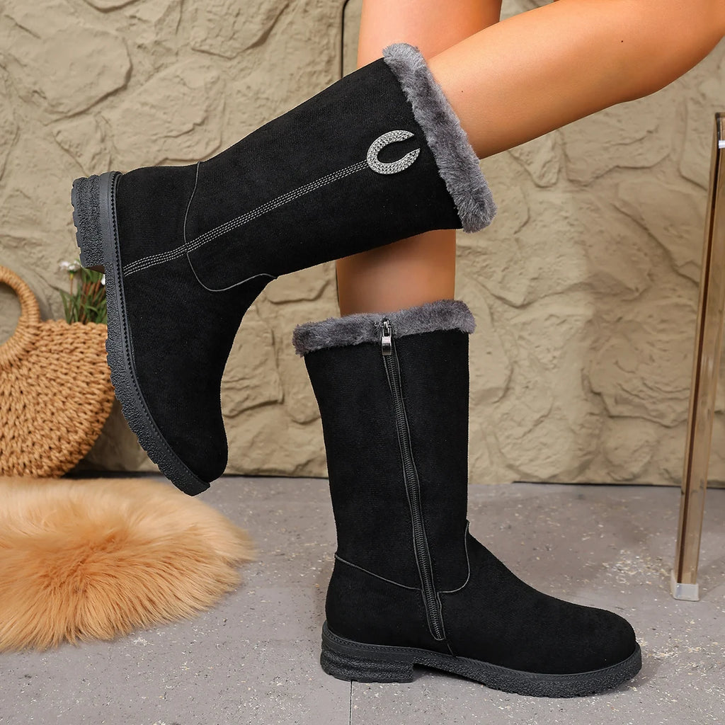 Women Boots Flats Luxury Crystal Fur Shoes Mid Calf Snow Boots 2025 Winter Fashion Warm Sport Shoes Walking Chelsea Bootie Zpaxo