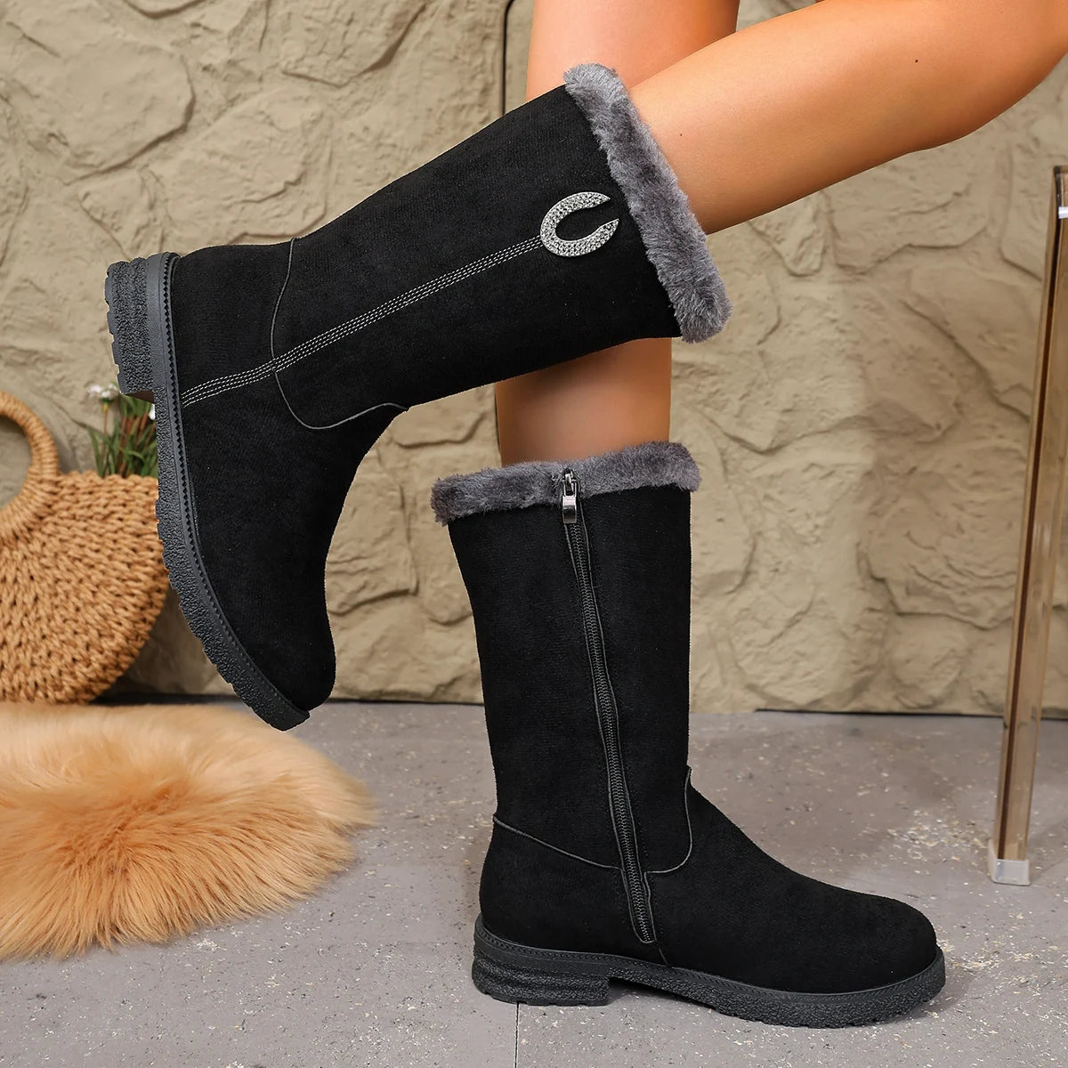 Women Boots Flats Luxury Crystal Fur Shoes Mid Calf Snow Boots 2025 Winter Fashion Warm Sport Shoes Walking Chelsea Bootie Zpaxo