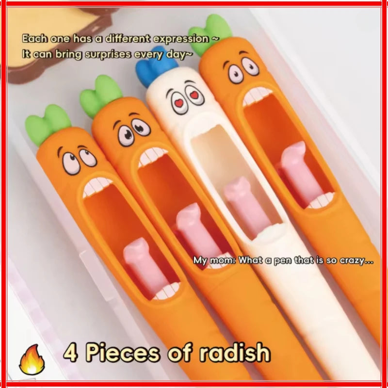 4pcs Cute Cartoon Kawaii Pens Carrot Shaped Gel Pen Design Retractable Tongue Refill Black Ink Pen Office School Stationery Gift Zpaxo