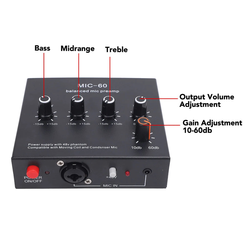 Balanced Mic Preamp 60db Gain Portable Enhance Sound Aluminum Alloy