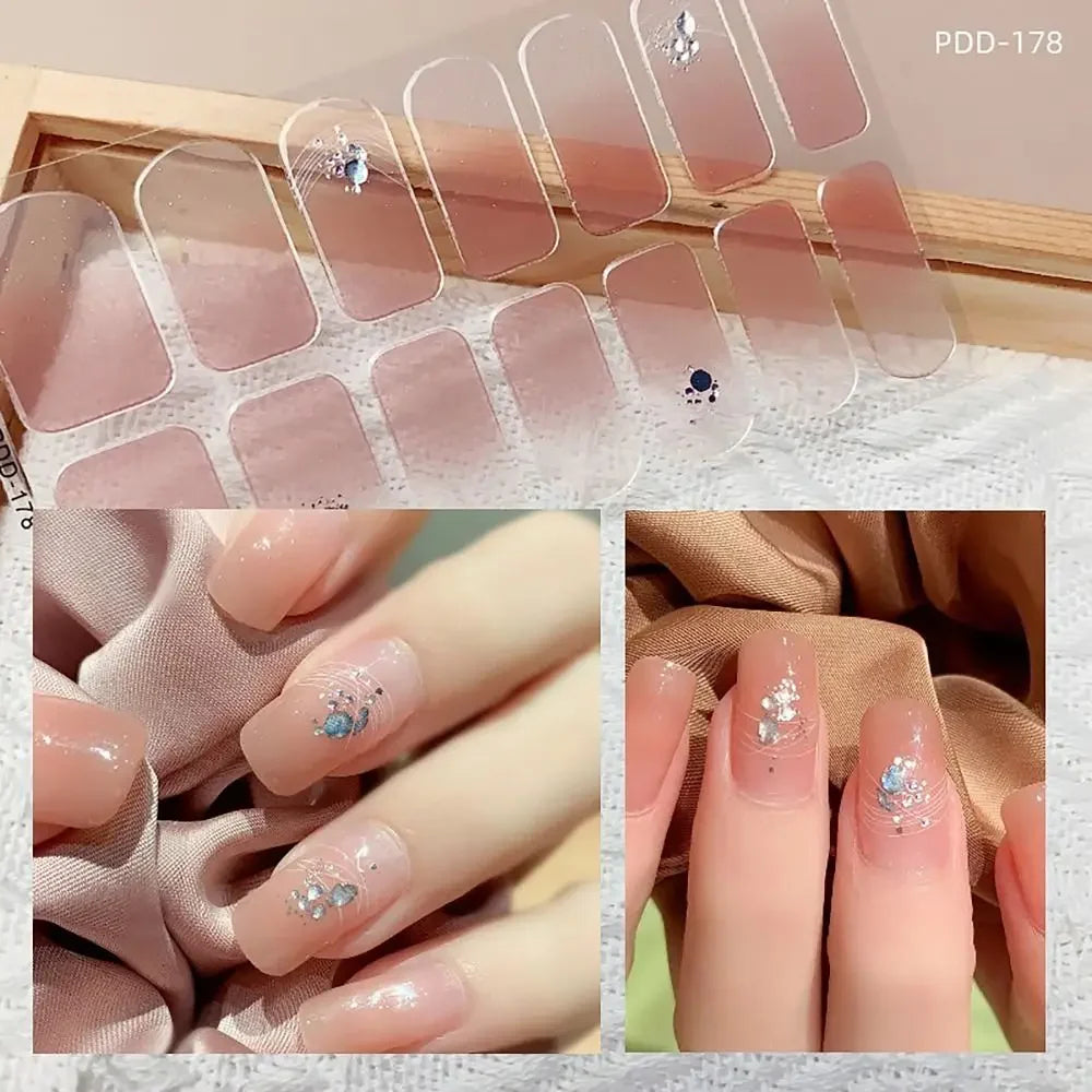 14Strips Gel Nail Stickers Full Cover Floristic Art Semi Cured Polish