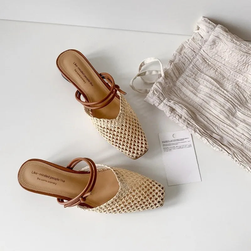 Vintage Woven 1 Slip-on Toe Half Slippers Women's Outwear French