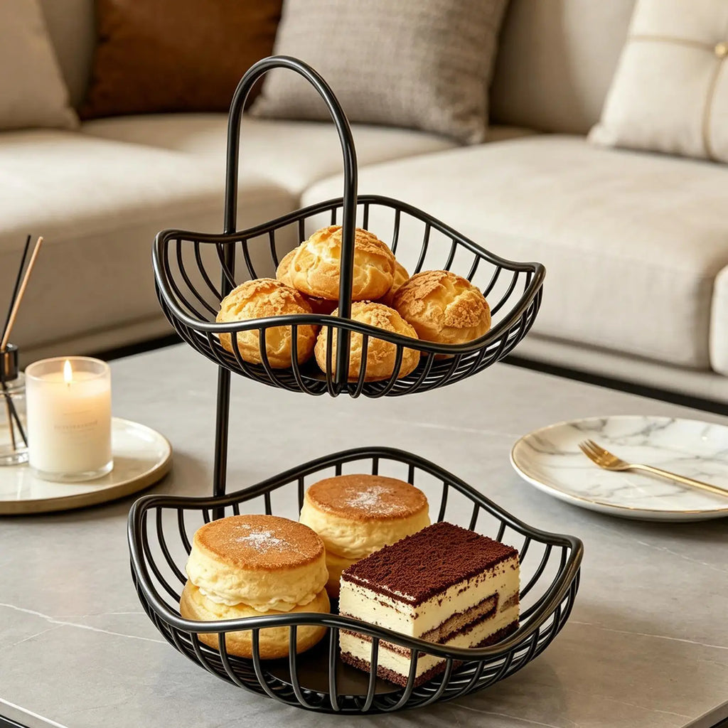 Two Tier Fruit Basket Modern Metal Black Storage Organizer Countertop