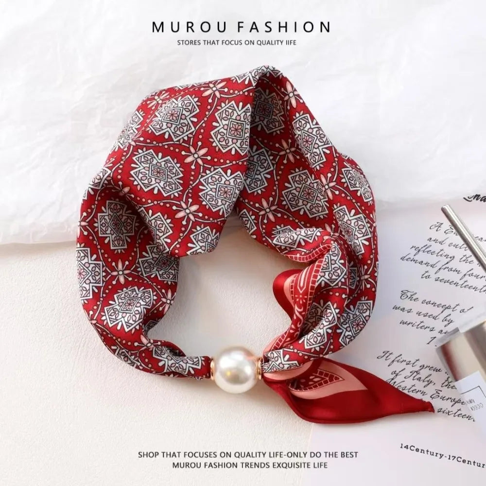 Elegant Breathable Silk Scarf Pearl Buckle Printed Magnetic Snap Scarf Lightweight Thin Faux Pearl Scarf for Women Accessories Zpaxo 07