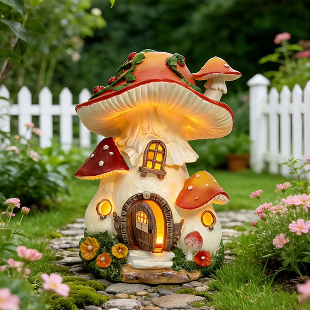 Solar Mushroom Garden Statue Resin Landscape Figurine Lamp Fairy