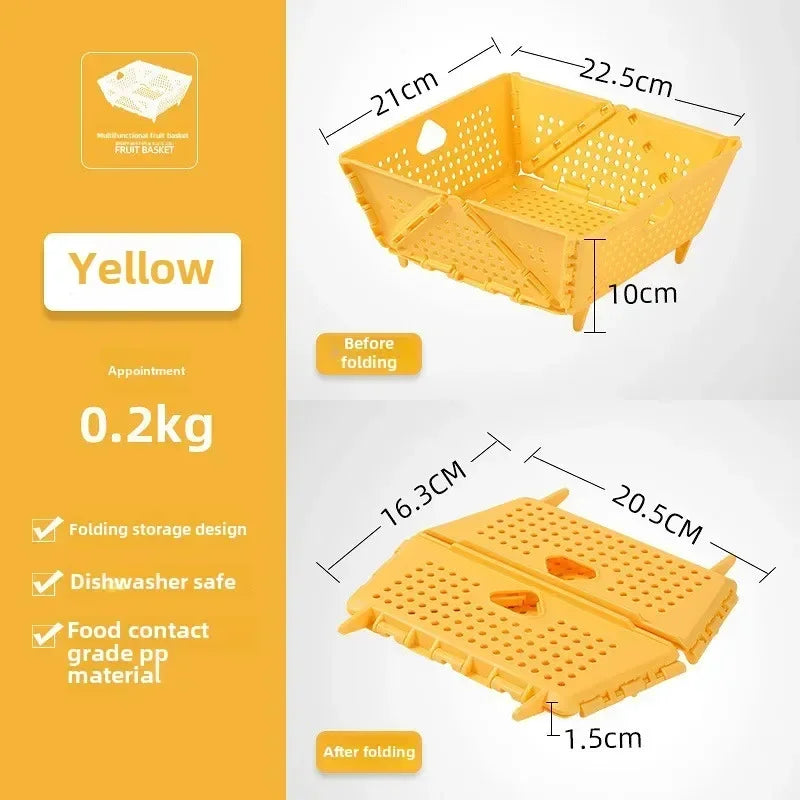 Hot Drain Basket, Fruit Basket, Foldable Plastic, Large Capacity, Raised Tiptoe, Household Kitchen, Vegetable Washing Basket Zpaxo YELLOW