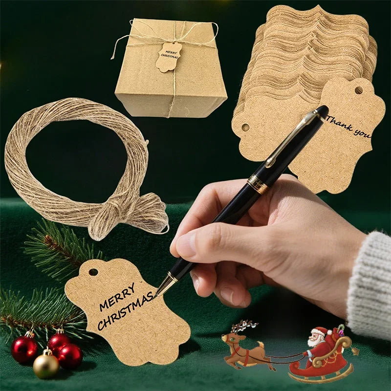 Christmas Decoration 2025 Kraft Paper Tags DIY Wrapping Gift Flowers Xmas Tree Hanging Label Christmas New Year Party Wrapping Zpaxo
