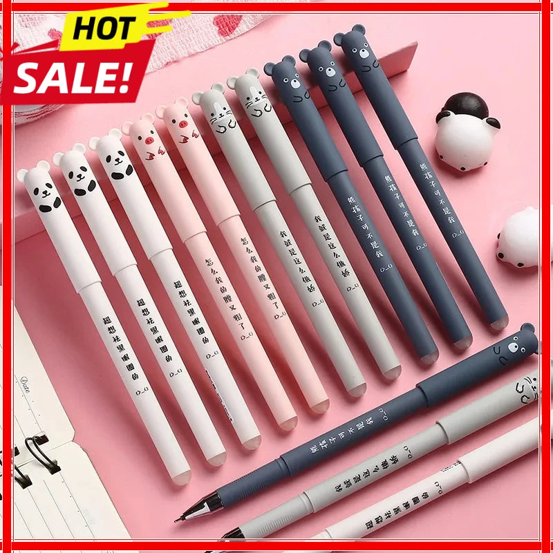 12pcs Animals Panda Erasable Gel Pen 0.5mm Blue Black Erasable Pen Refills Rods Washable Handle School Supplies Stationery Zpaxo