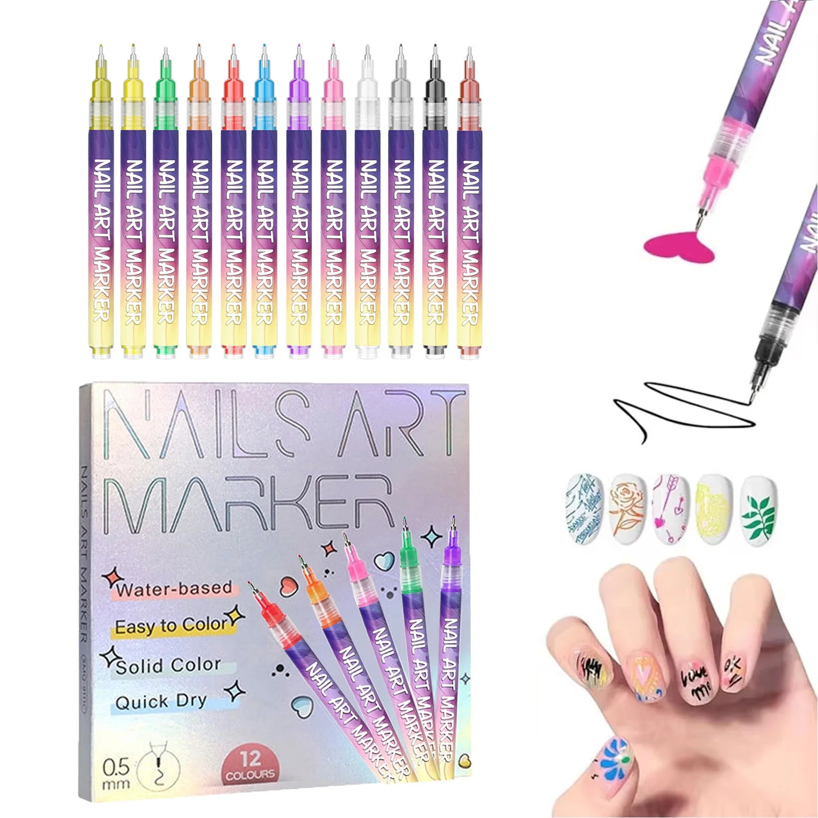12-Piece Nail Art Graffiti Pen Set | Multi-Color DIY Painting Pens Nail Art Pen Set Zpaxo