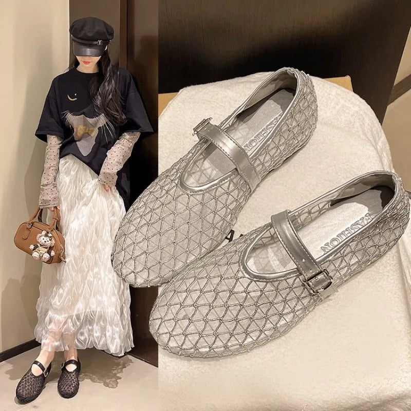 Womens Mesh Mary Jane Flat Sandals Summer Breathable Hollow Out Fishnet Ballet Shoes Buckle Strap Lightweight Black Beige Shoes Zpaxo