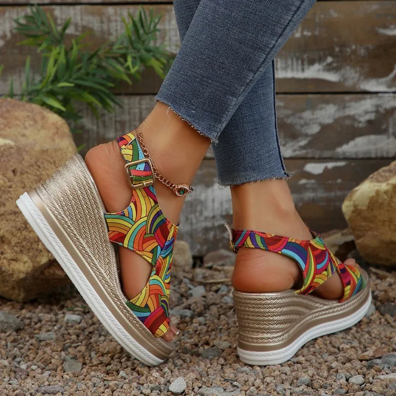 Women's Fish Mouth Open Toe Vintage Ankle Buckle Strap Wedge Heel Zpaxo