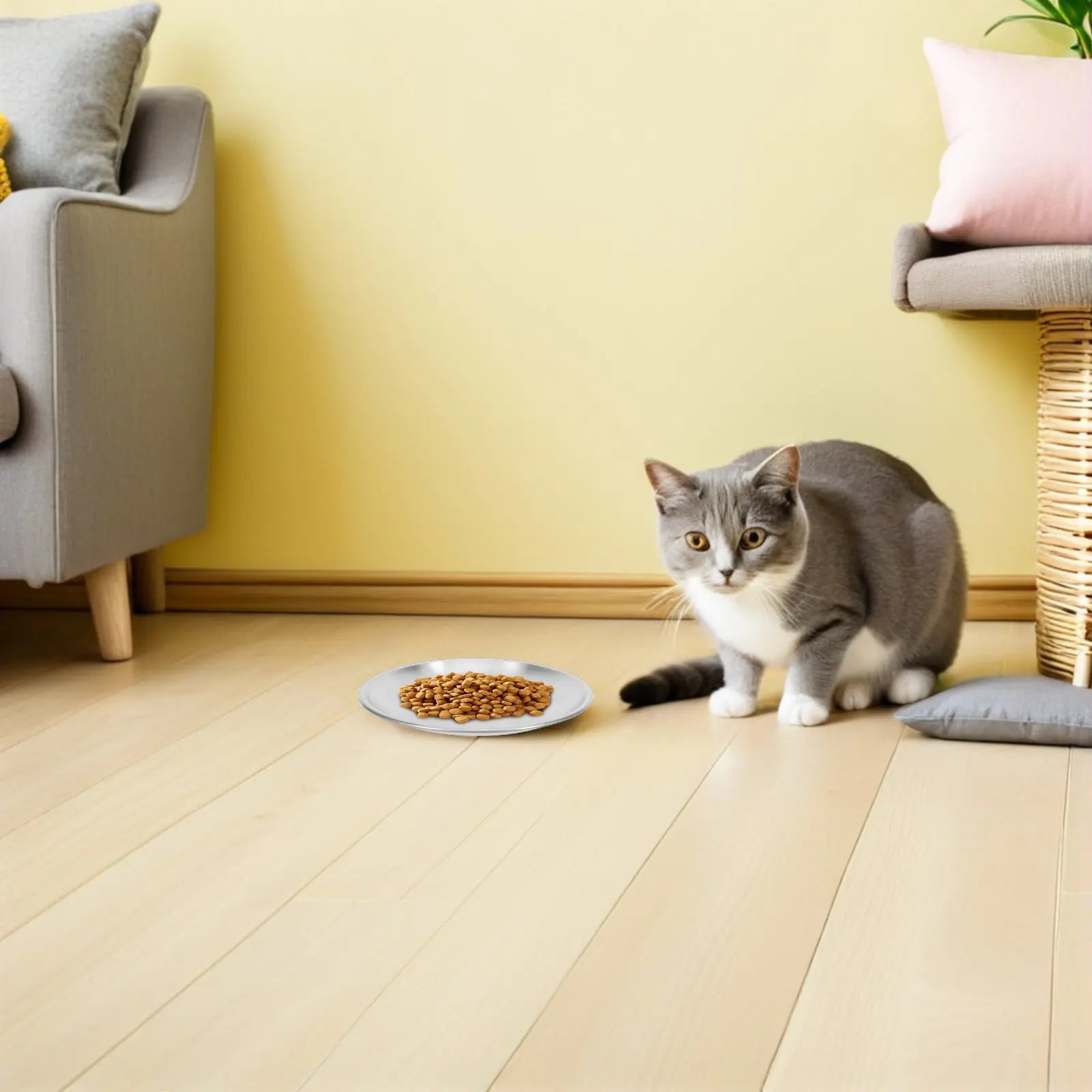 Shallow Stainless Steel Cat Food Bowls Non-slip Silicone Base Whisker