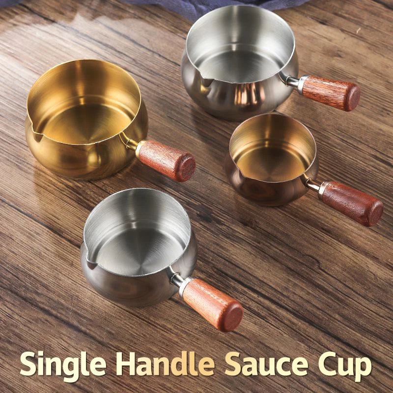 Stainless Steel Sauce Holder Gourmet Steak Dressing Cup Wooden Grip Zpaxo