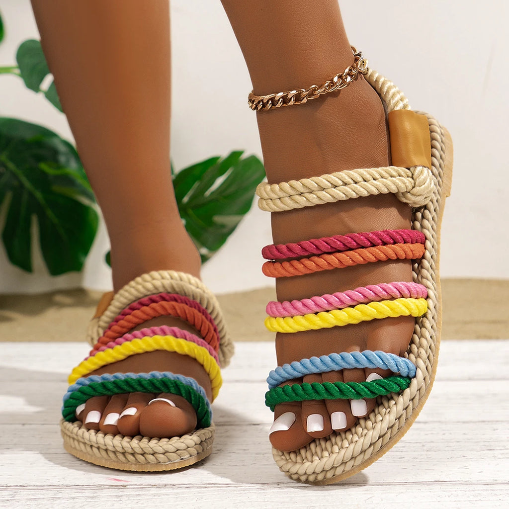 Summer Women Sandals Roman Rainbow Bohemian Straw Flat Shoes Hemp