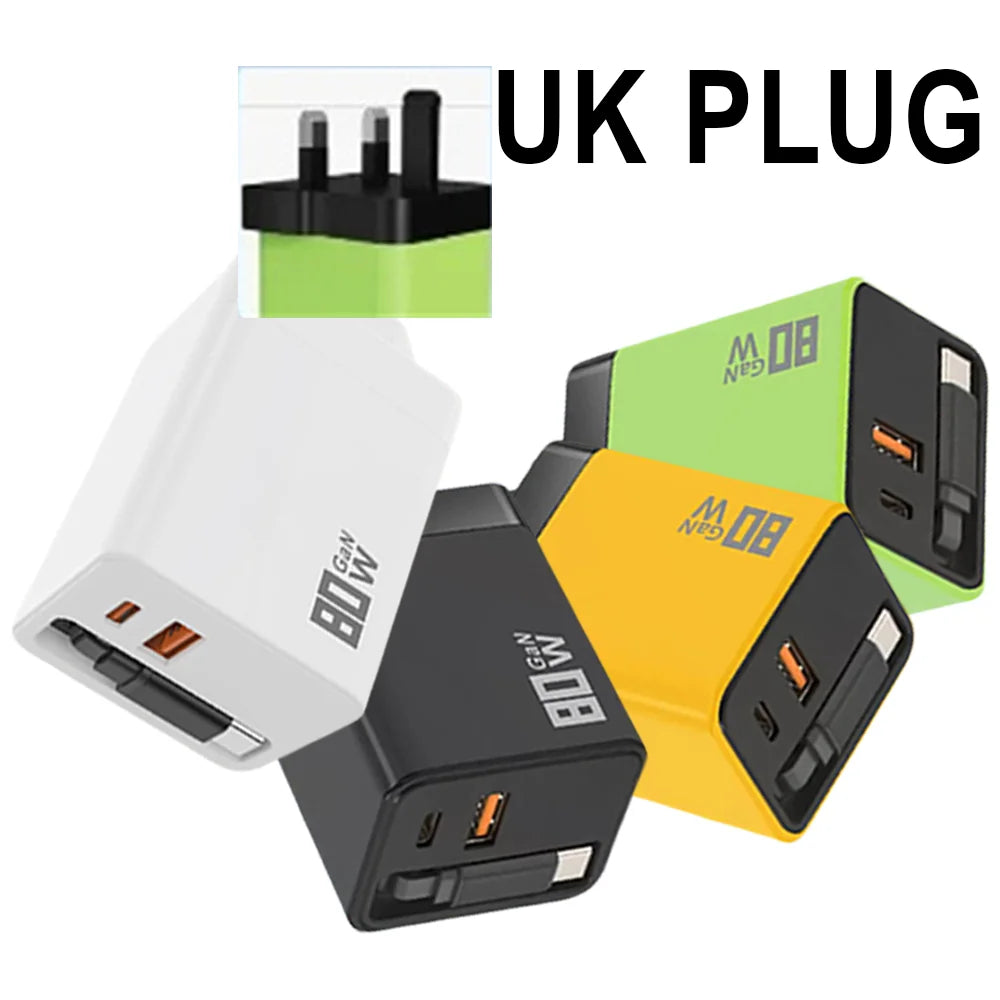 WALKESEN 80W GaN 3-in-1 Fast Charger with Retractable USB-C Cable GaN Fast Charger Zpaxo UK Plug Yellow