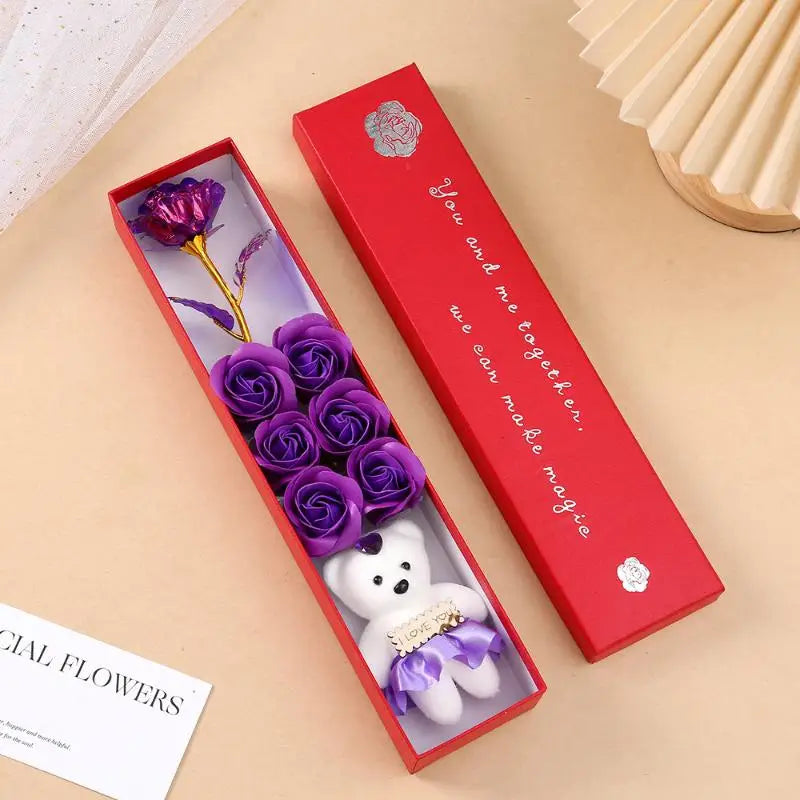 Plush Bear Artificial Flower Box Soap Rose Flowers Creative Romantic Zpaxo Purple