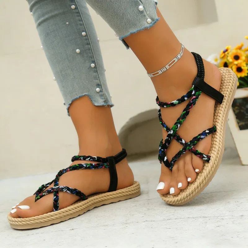 Women Sandals Printed Cross Band Roman Shoes Woman Bohemian Style Braided Strap Flat Sandals Women Summer Clip Toe Beach Shoes Zpaxo