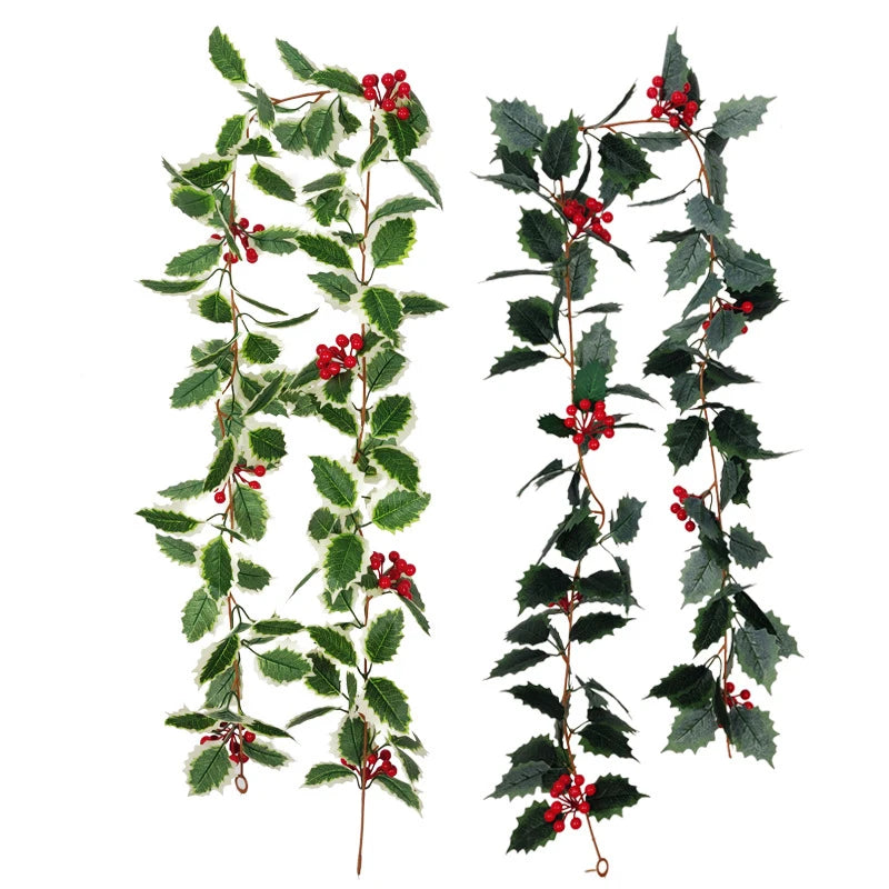 2M Artificial Holly Leaves Vine Red Berries Christmas Rattan DIY