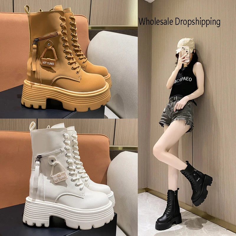 2023 Autumn Platform Mid-calf Boots Women Thick Sole Winter Leather Zpaxo