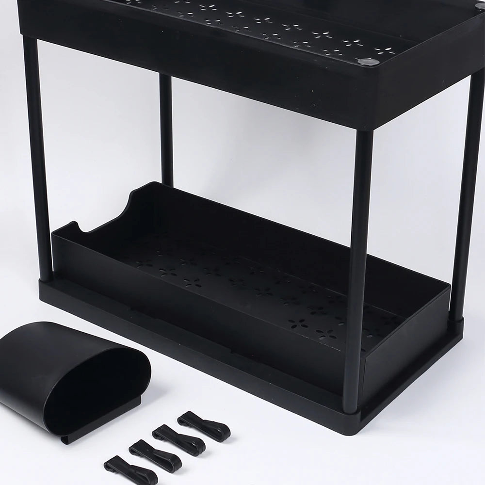 Under Sink Organizer Storage With Hooks 2-Tier Sliding Cabinet Basket Organizer Pull Out Sliding Drawer for Bathroom Kitchen Zpaxo