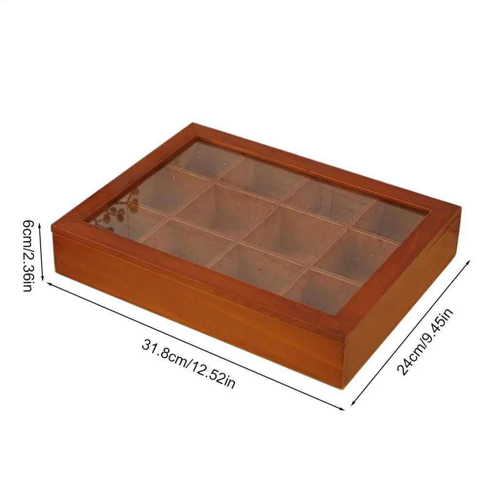 Tea Bag Organizer 12-Compartments Wooden Box Storage Clear Lid Home
