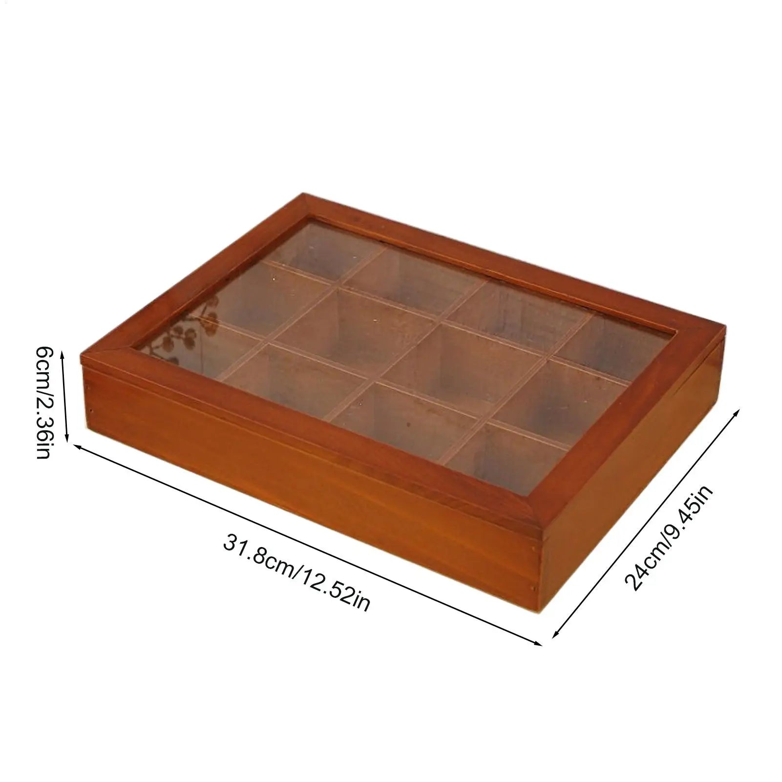 Tea Bag Organizer 12-Compartments Wooden Box Storage Clear Lid Home