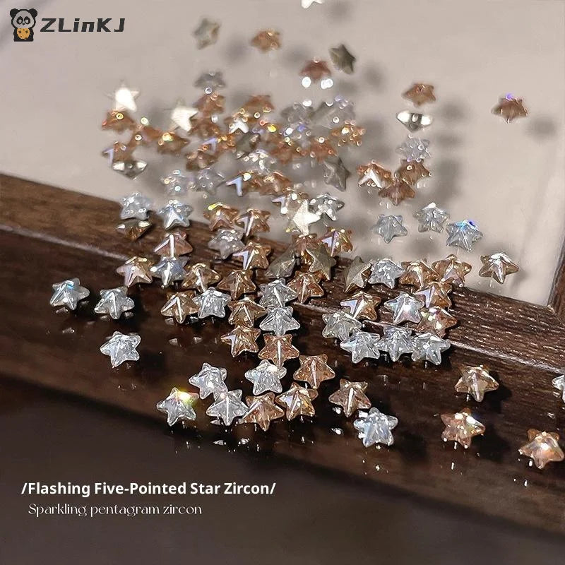 ▶50Pcs Star Zircon Nail Rhinestone Nail Art Charm Sparkle 3D Nail Rivet Flat Bottom Nail Decoration Parts DIY Manicure Zpaxo