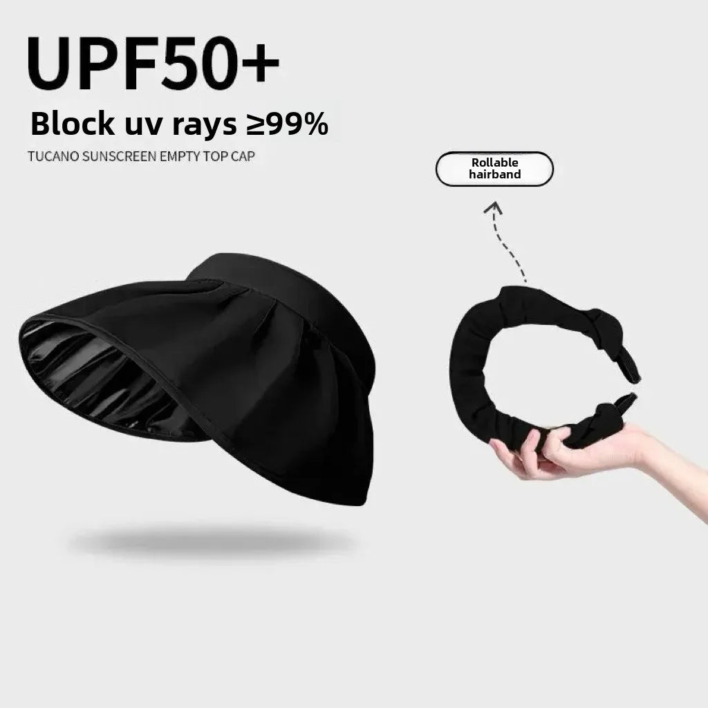 UPF50+ Women's Crownless Sun Hat Foldable Headband Korean Wide Brim