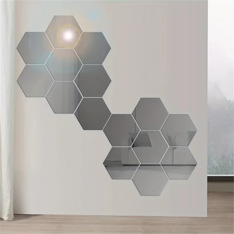 12 Hexagonal 3D Mirror Wall Stickers Self-adhesive DIY Decoration