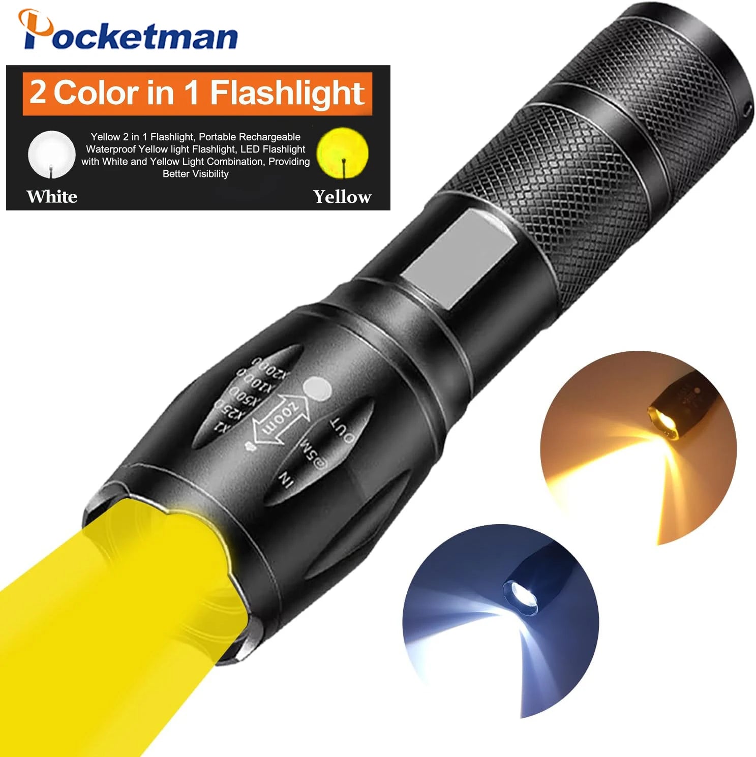 POCKETMAN 2-in-1 White & Amber LED Rechargeable Flashlight