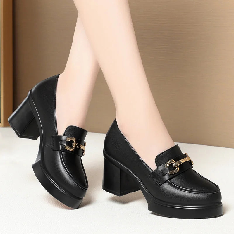 Heels Work Shoes Black Metal Buckle Loafer Catwalk Women's Leather Zpaxo