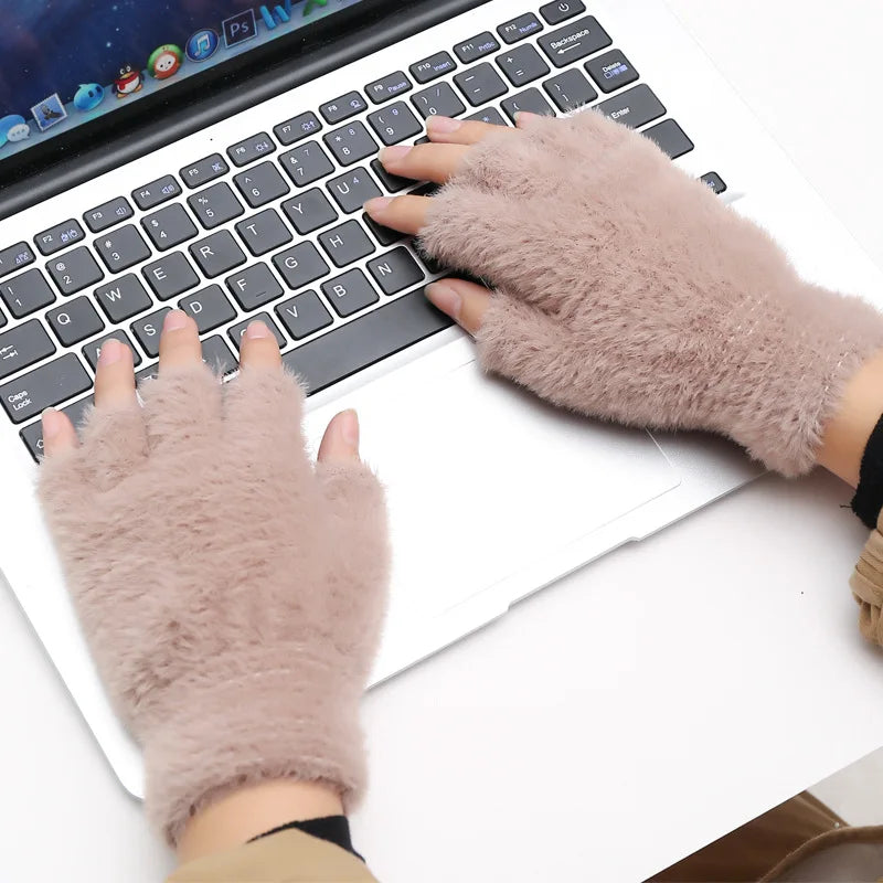 Women Men Half Finger Winter Imitation Mink Cashmere Gloves Touch Screen Writing Woolen Warm Mittens For Driving Outdoor Sports Zpaxo