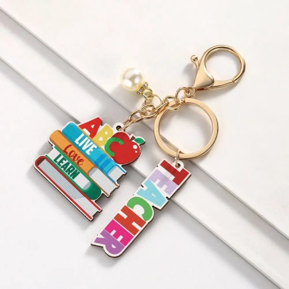 Wooden Teacher's Day Keychain English Letter Geometric Shape Text Keychain Pendant Colorful Rainbow Pen Holder Key Ring Zpaxo Style 2