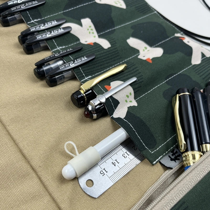 NNew Green Bird Canvas Fabric Pen Curtain Large Capacity Pen Bag Stationery Storage Bag Pen Bag Portable Pen Curtain Pencil Bag Zpaxo