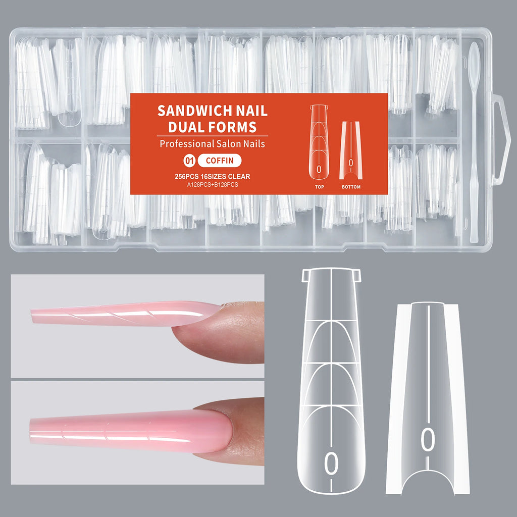 256Pcs/Box Nail Sandwich Dual Form Nail Tips Quickly Building Gel Form Nail System Full Cover Tips Nail Extension Form Zpaxo 01-Coffin