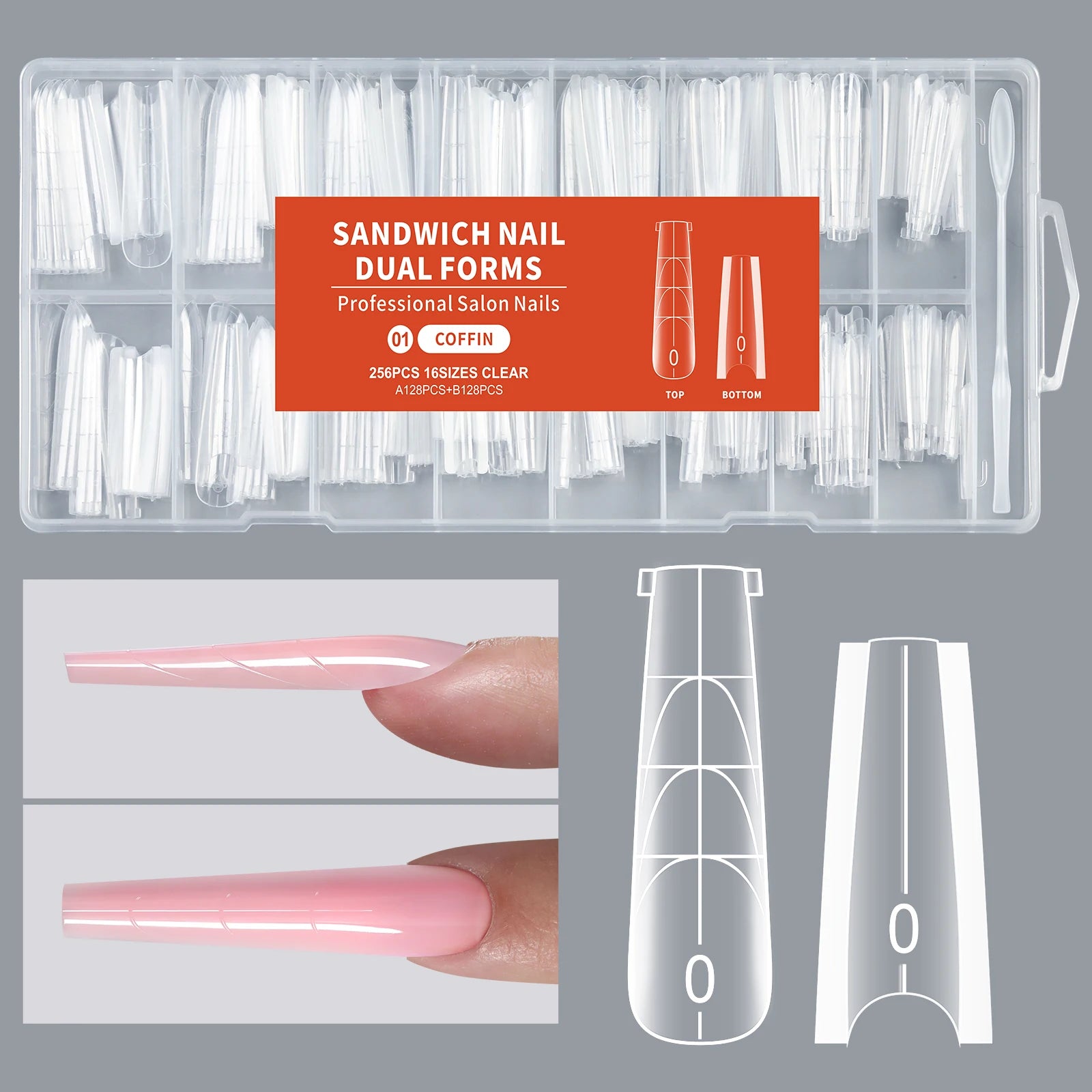 256Pcs/Box Nail Sandwich Dual Form Nail Tips Quickly Building Gel Form Nail System Full Cover Tips Nail Extension Form Zpaxo 01-Coffin