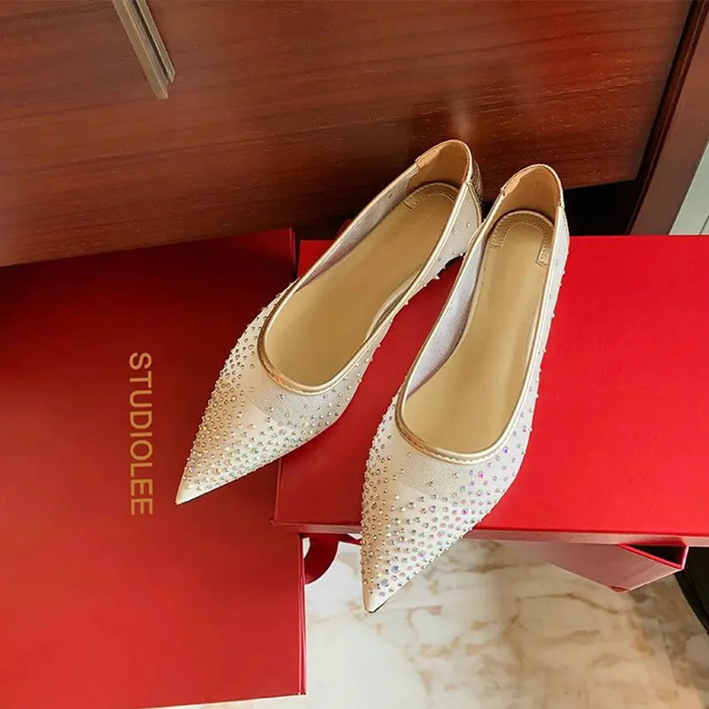 Flat Shoes for Women Spring and Summer 2025 Elegant Pointed Breathable Mesh Drilled Shallow Mouth Plus Size Women's Shoes 42 43 Zpaxo