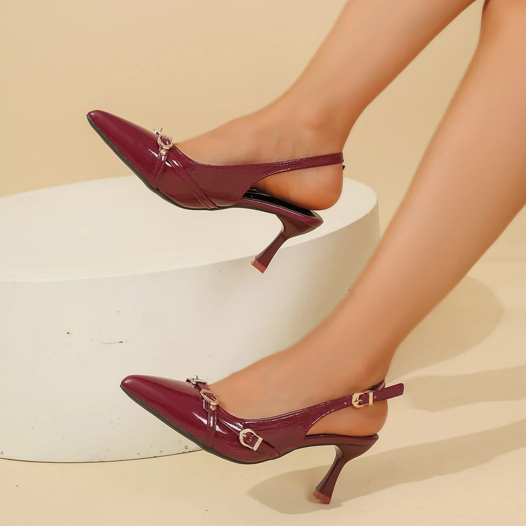 Women High Heels Sandals 2025 New Sexy Pointed Toe Shoes Stiletto Heels Casual Dress Shoes Women Fashion Buckled Sandals Ladies Zpaxo wine red 36