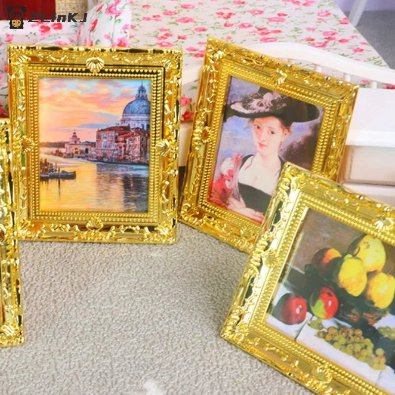 ▶1Pcs Doll House Wall Mural Ornaments 1:12 Scale Dollhouse Oil Painting Vintage Character Landscape Picture Mini Photo Frame Zpaxo