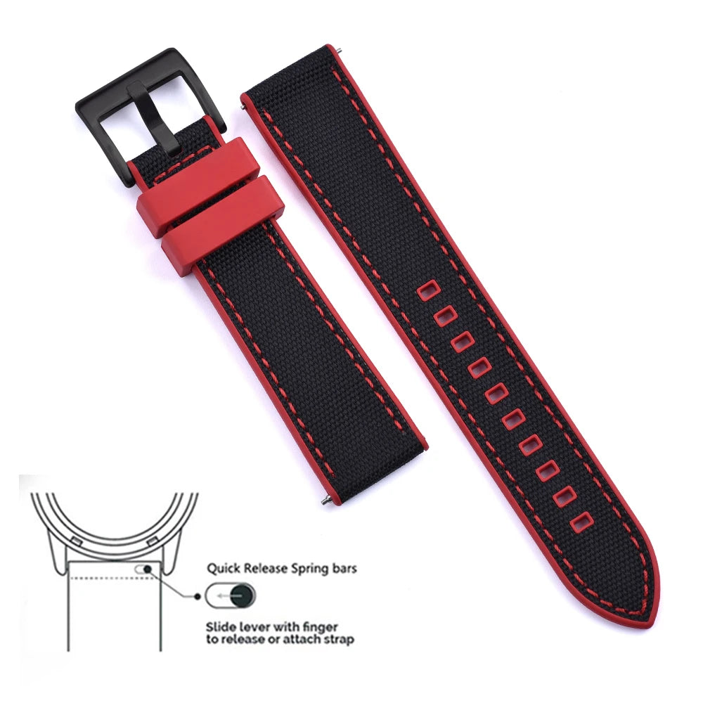 High Quality FKM Canvas Watch Strap 20mm 22mm Hybrid Fluoro Rubber Nylon Watchbands Quick Release For Each Brand Diving Watches Zpaxo Red-Black 2 20mm