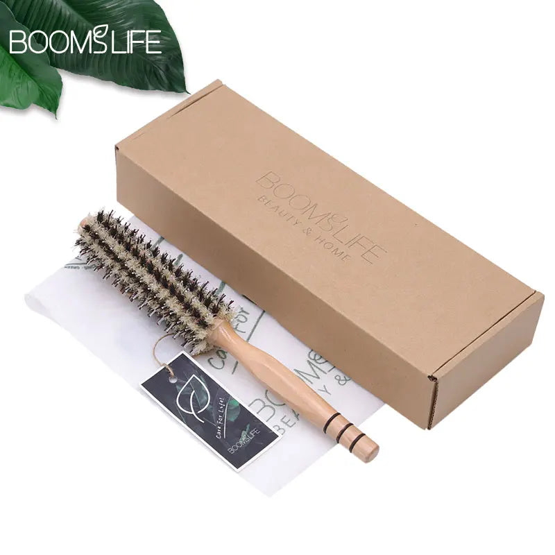 Natural Boar Bristle Rolling Brush Barber Hair Roller Wood Hair Brush Round Barrel Hair Comb for Women Curly Hair Hairdressing Zpaxo