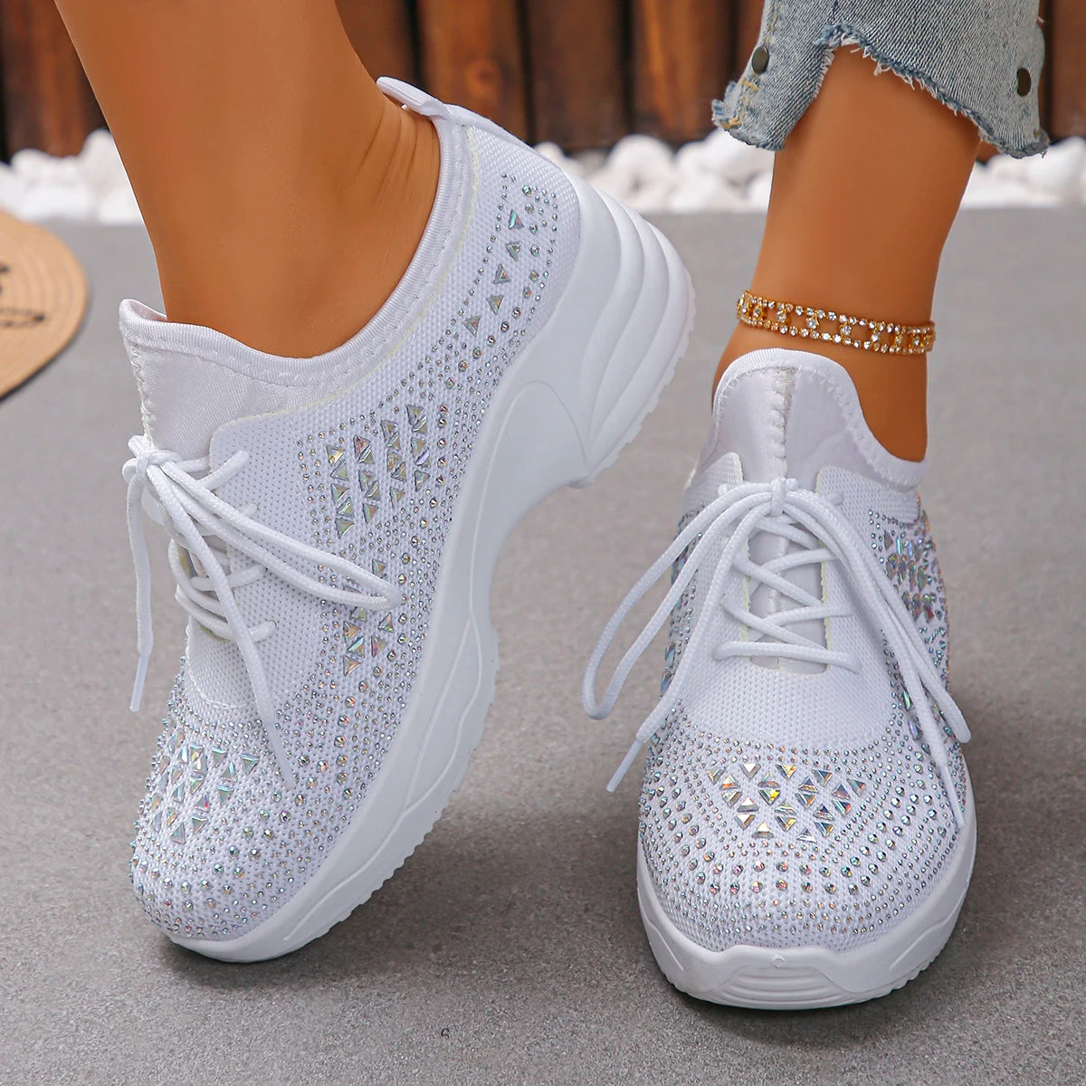 2026 Women Sneakers Shiny Rhinestone Wedge Shoes Breathable Non Slip Zpaxo